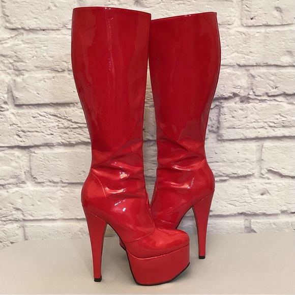 Stripper Boots 9 Pahrump NV Used Exotic Dancer Red Platform Tall Knee Jante - Picture 12 of 14